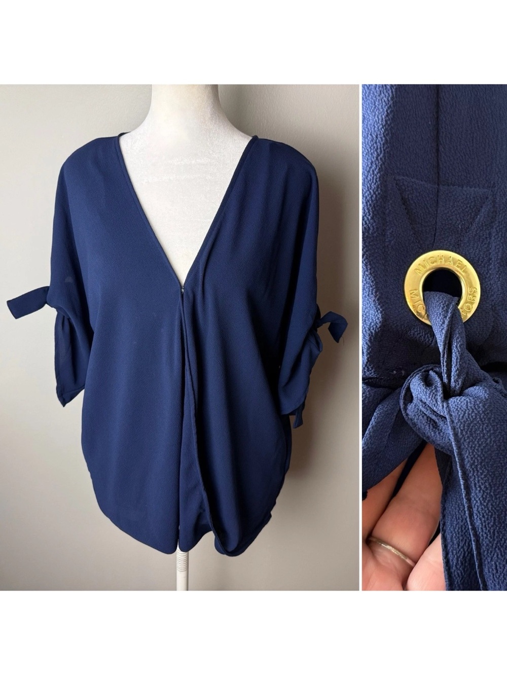 Michael Kors Blouse Size Large Top Short Tie Sleeves V-Neck Snap Closure Navy